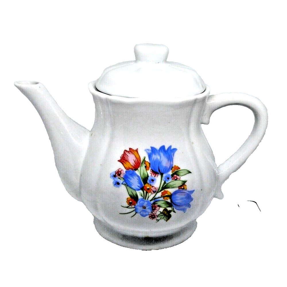 Vintage Hand Painted Floral Tulip Ceramic Coffee Water Tea Pot With Lid & Handle